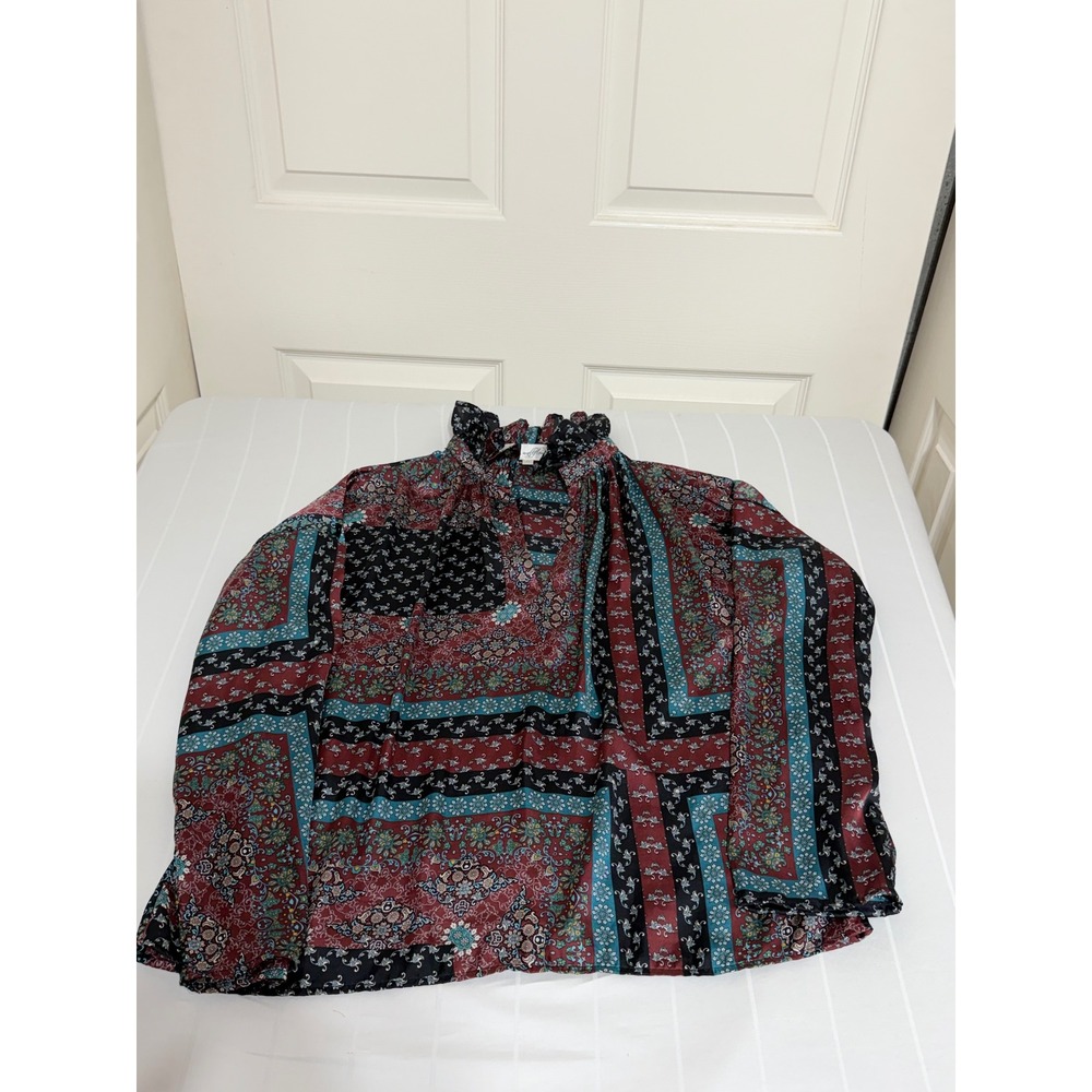 Never A Wallflower XS Paisley Patchwork Ruffle Neck Blouse Burgundy Teal Black